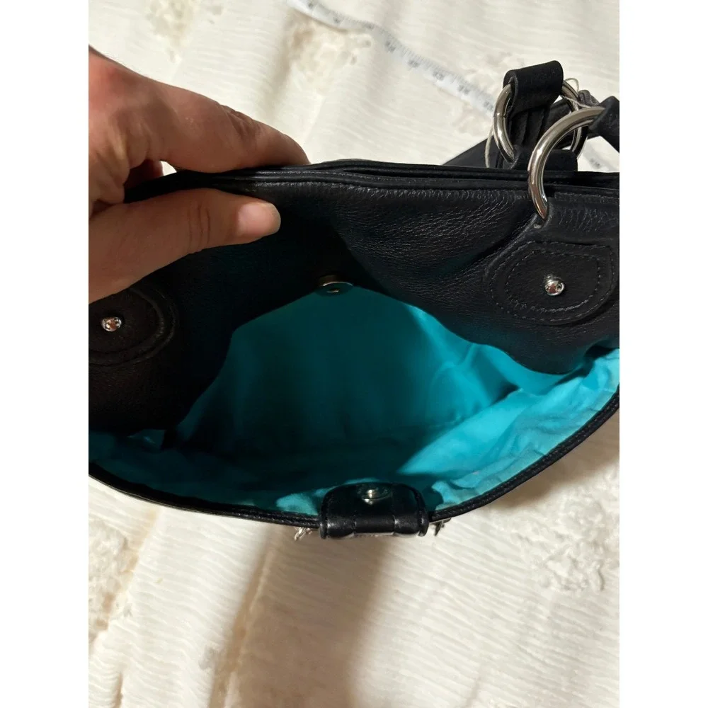 Black Pebbled Leather Shoulder Bag Turquoise Lining Classic Minimalist